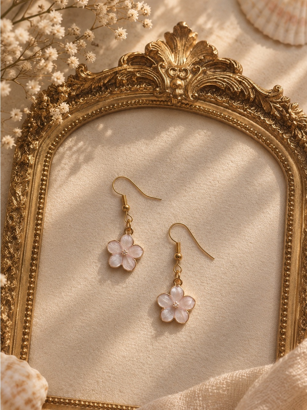 Delicate Gold Pink Flower Drop Earrings - Unbranded